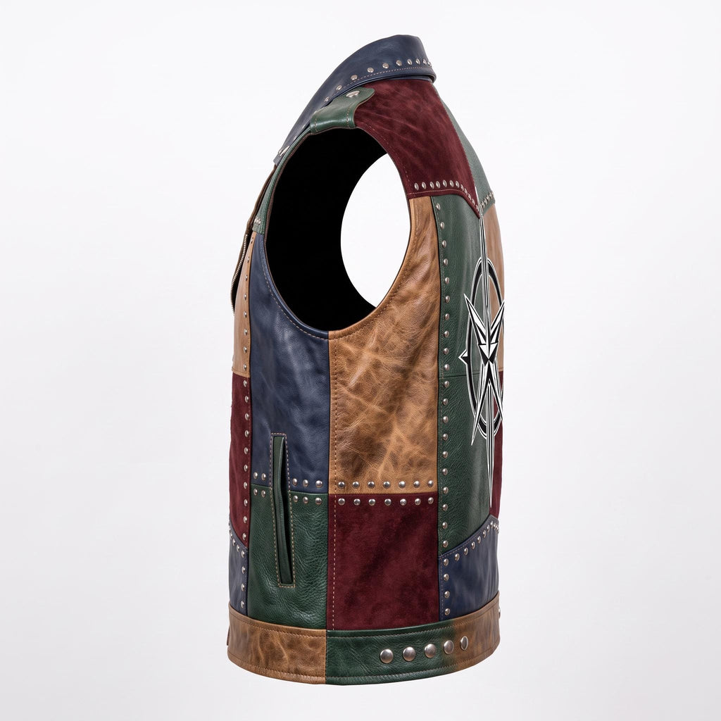 Men's Patchwork Leather Biker Vest | Studded Jacket with Printed Back