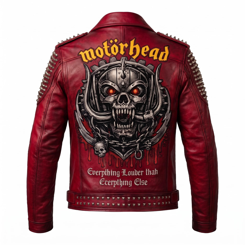 Timber&Hide Men's Crimson red Leather Biker Jacket | Studded Punk Rock Demon Skull Design