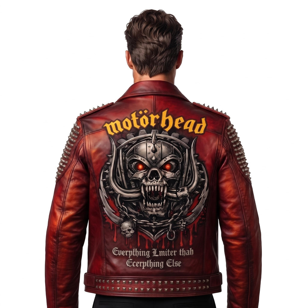Timber&Hide Men's Crimson red Leather Biker Jacket | Studded Punk Rock Demon Skull Design