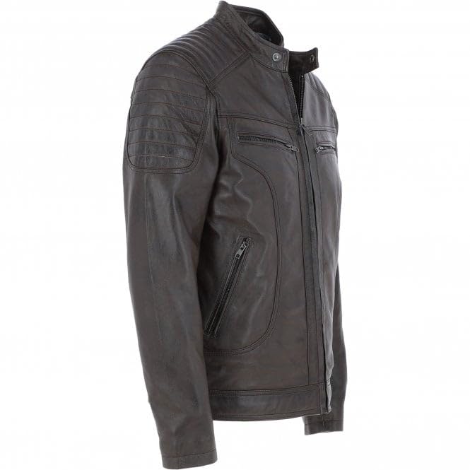 Men's Black Leather Biker Jacket with Zip Front, Multiple Pockets
