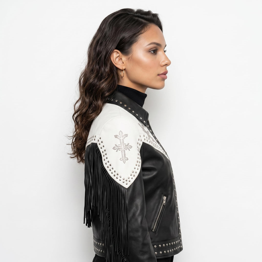 Timber&Hide Handmade Western Fringe Leather Jacket: Studded Cowgirl Rodeo Style | cowgirl leatherwear