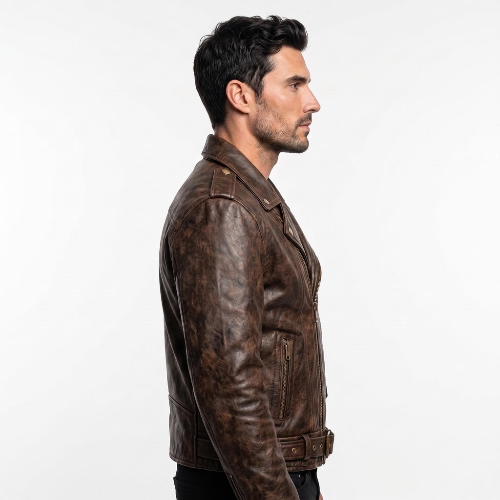Road King Vintage Leather Jacket - Winged Skull & "Ride to Live" Biker Design