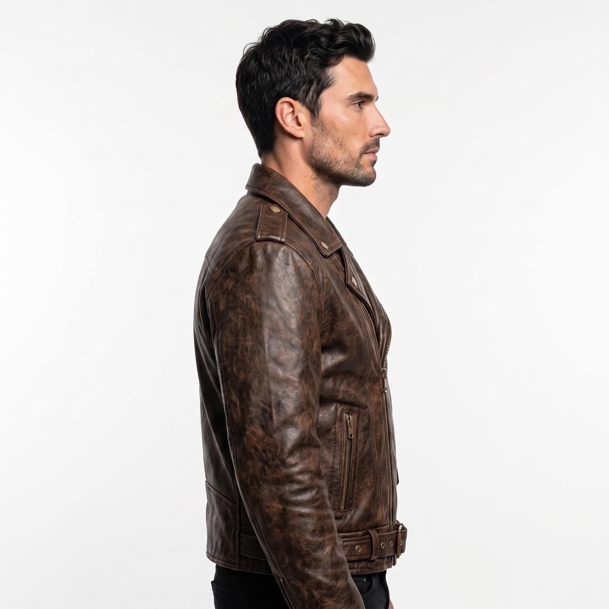 Road King Vintage Leather Jacket - Winged Skull & "Ride to Live" Biker Design