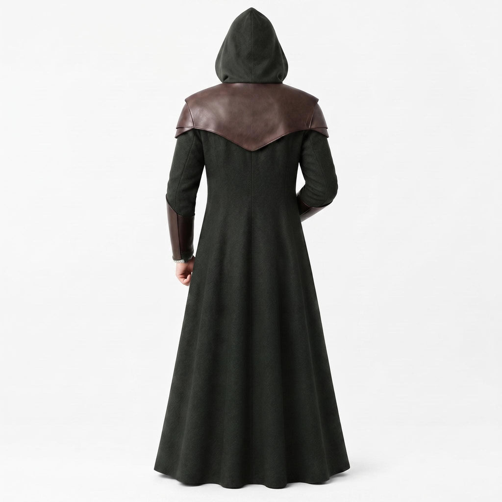 Doctor Doom Inspired Wool Coat with Leather Armor, Hooded Fantasy Cosplay Jacket