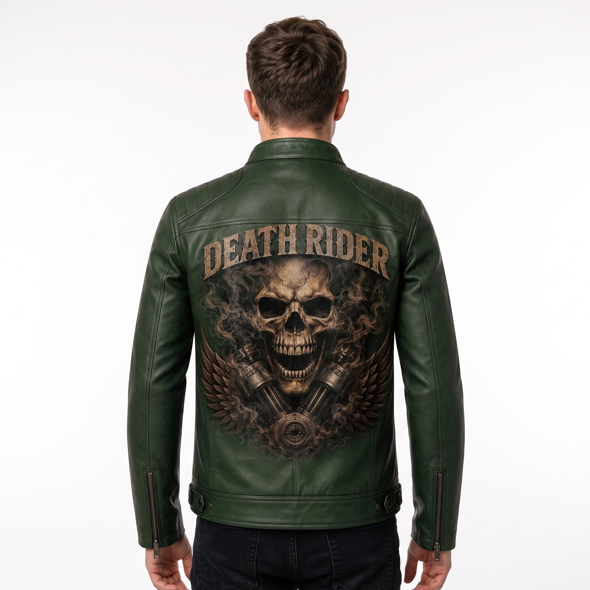 Men's Skull Motorcycle Leather Jacket, Biker Rider Coat, Gothic Punk Streetwear Green