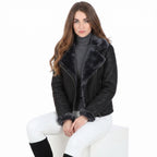 Black Crinkled Leather Aviator Jacket, Plush Shearling Trim Bomber