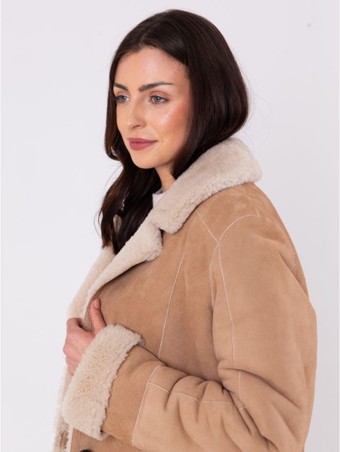 Timber&Hide Shearling Longline Suede Coat – Luxury Long Suede Jacket Women