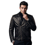 Timber&Hide Men's Crimson red Leather Biker Jacket | Studded Punk Rock Demon Skull Design