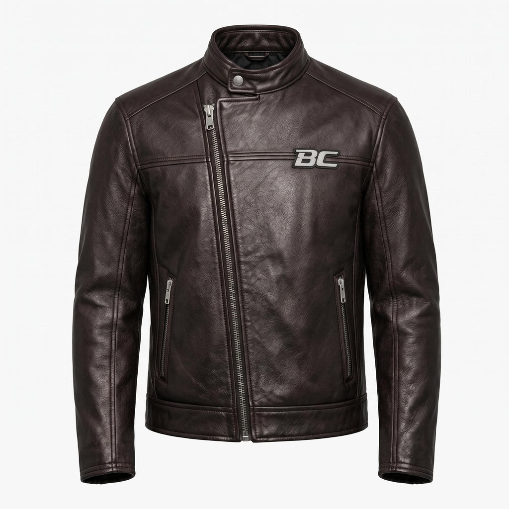 Biker Club V-Twin Engine Leather Jacket - Winged Motor Graphic Cafe Racer