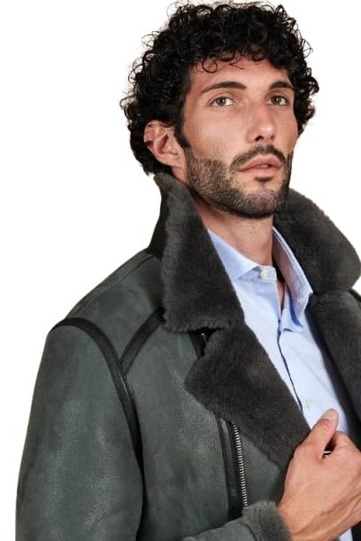 Jasper Grey Shearling Biker Jacket with Cross Zipper – Suede Bomber Jacket