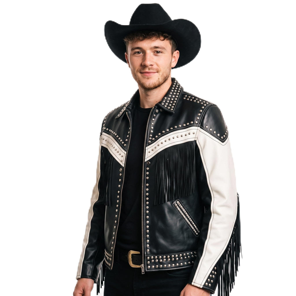 Handmade Western Fringe Leather Jacket: Studded Cowboy Biker Coat