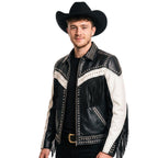 Handmade Western Fringe Leather Jacket: Studded Cowboy Biker Coat