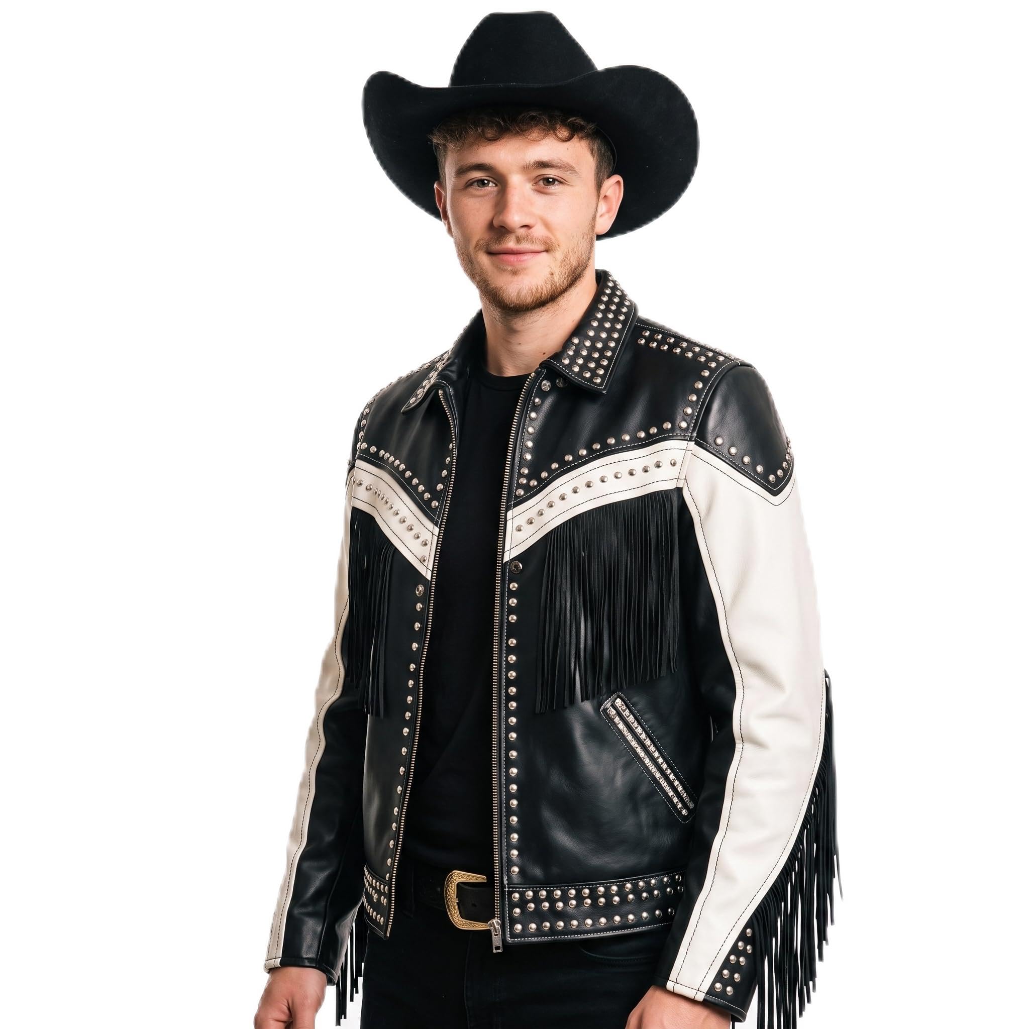 Handmade Western Fringe Leather Jacket: Studded Cowboy Biker Coat