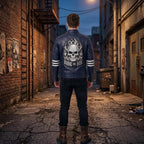 Vintage Royal Blue Leather Biker Jacket | Flaming Skull Back Graphic