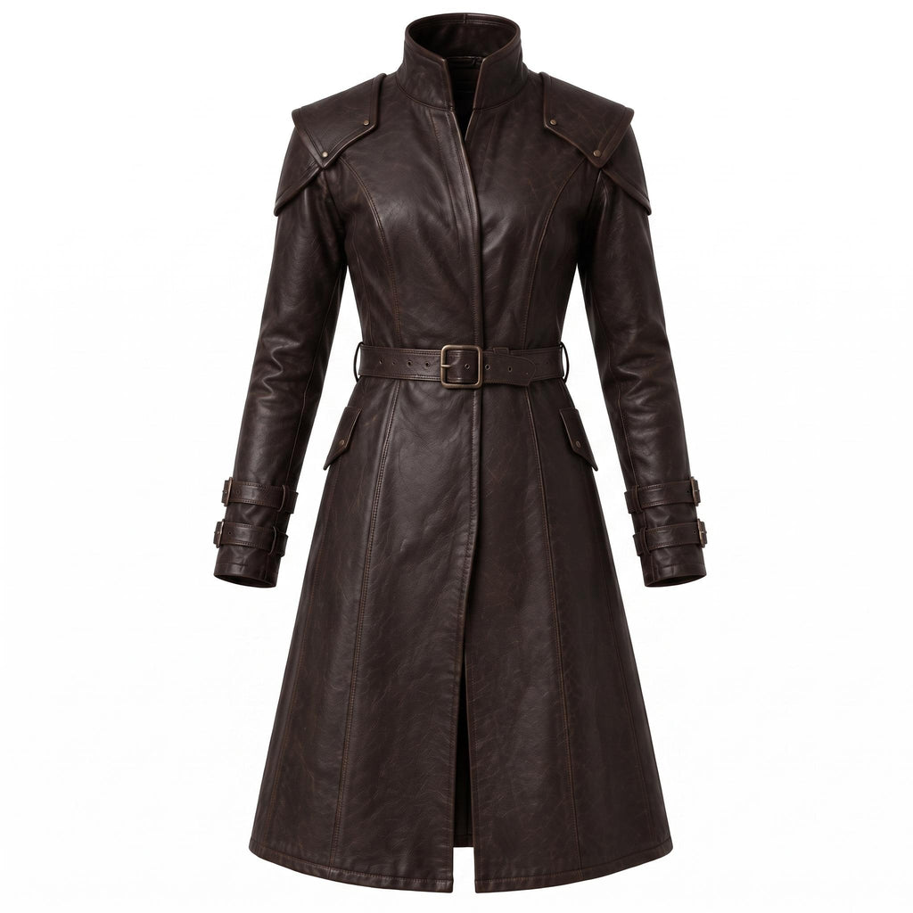 Brown Leather Trench Coat | Medieval Gothic Long Overcoat, Belted Fantasy Jacket