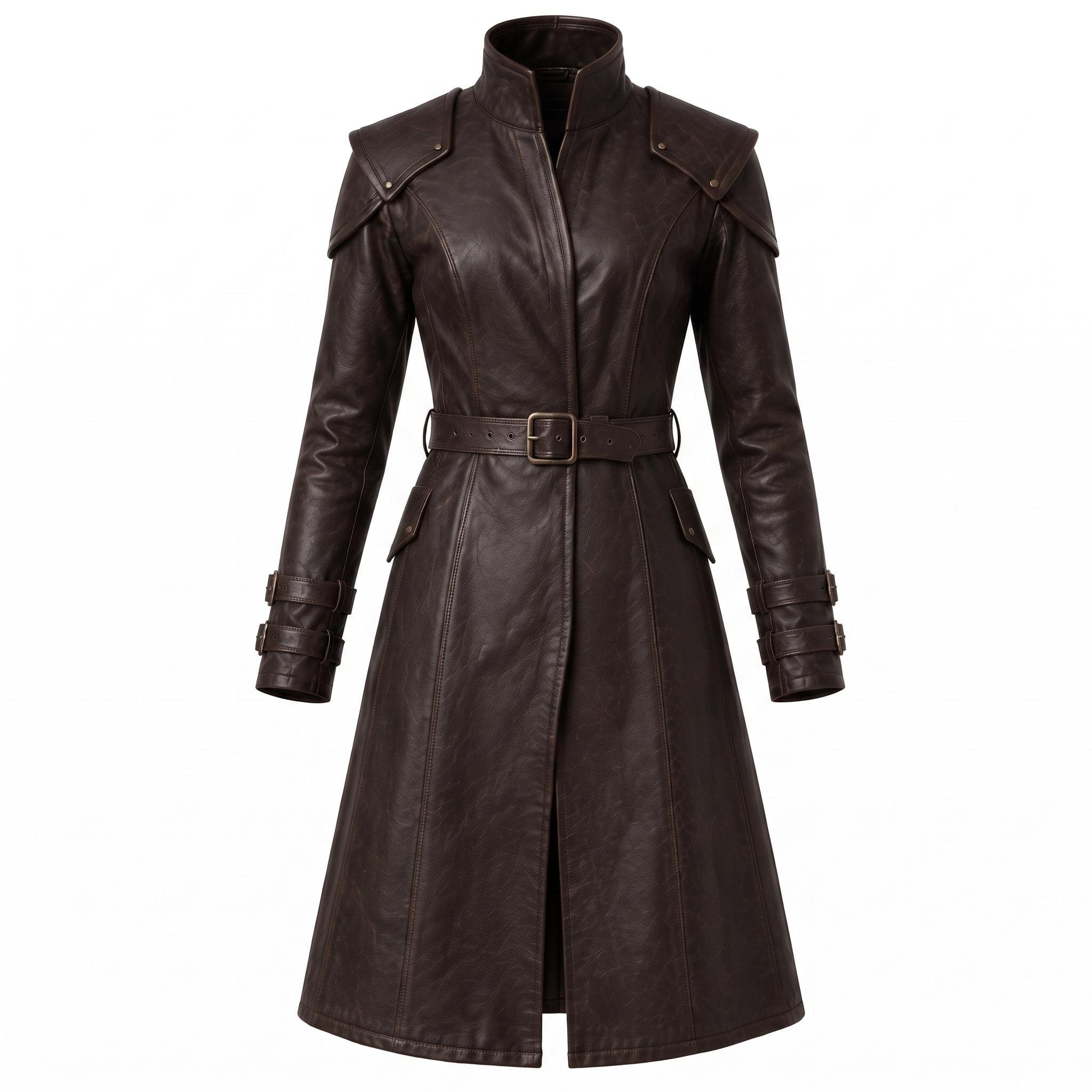 Brown Leather Trench Coat | Medieval Gothic Long Overcoat, Belted Fantasy Jacket