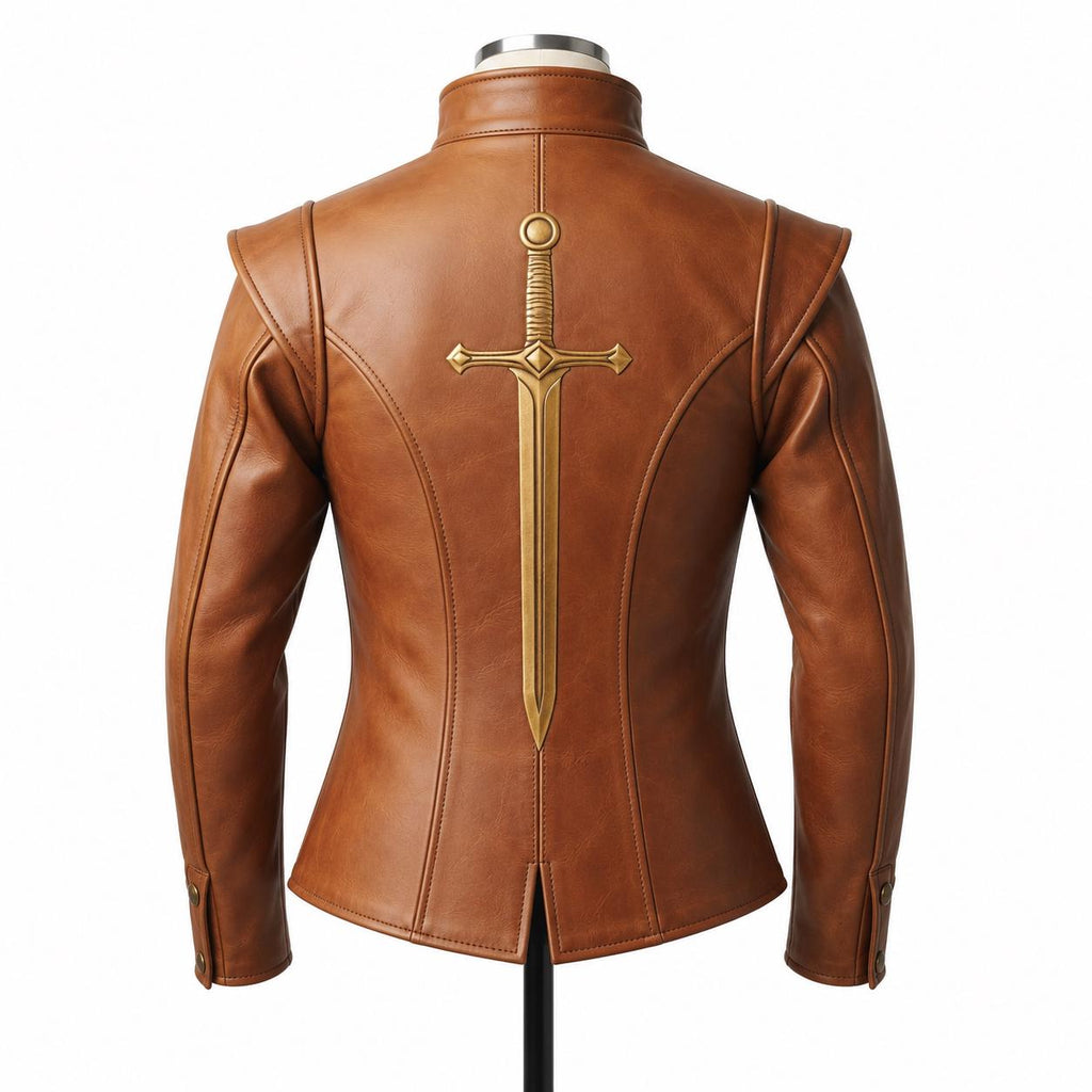 Handmade Cognac Leather Doublet Jacket | Medieval Sword Detail, Renaissance Cosplay