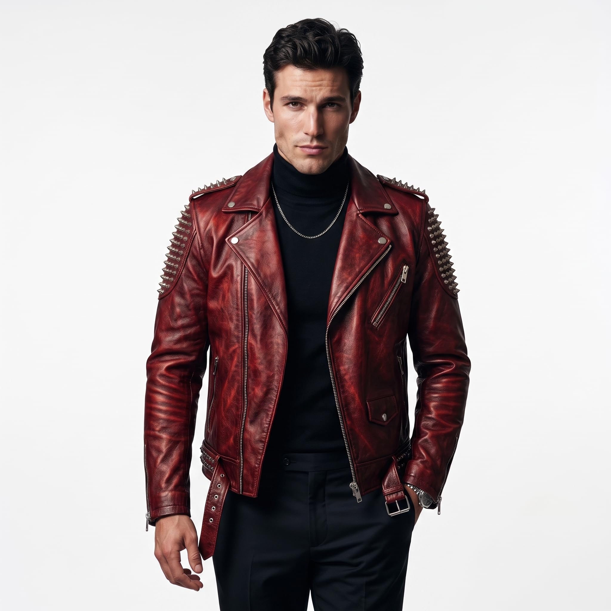 Timber&Hide Men's Crimson red Leather Biker Jacket | Studded Punk Rock Demon Skull Design