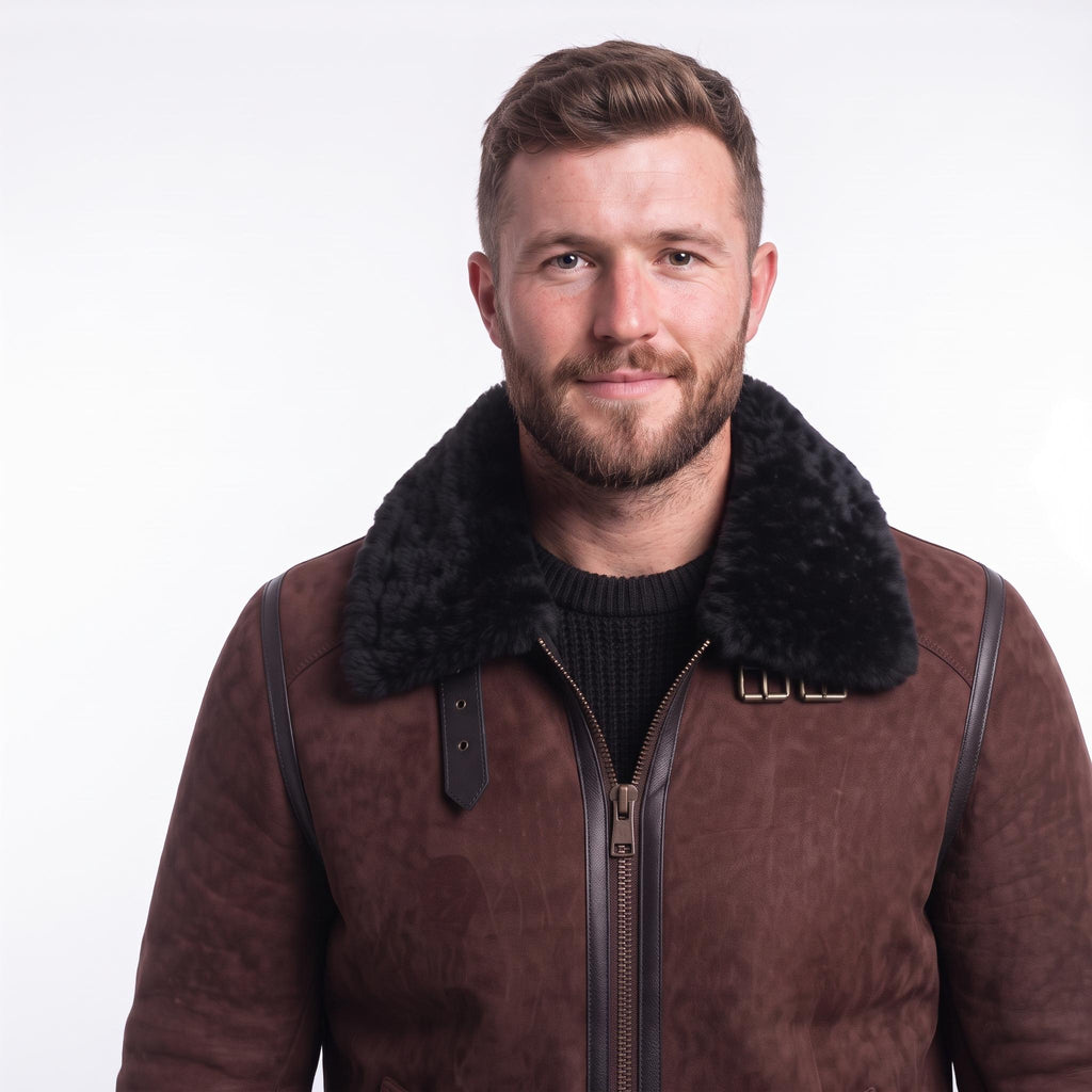 Men's Suede Shearling Aviator Jacket, Brown Leather Trim Biker Style
