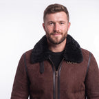 Men's Suede Shearling Aviator Jacket, Brown Leather Trim Biker Style