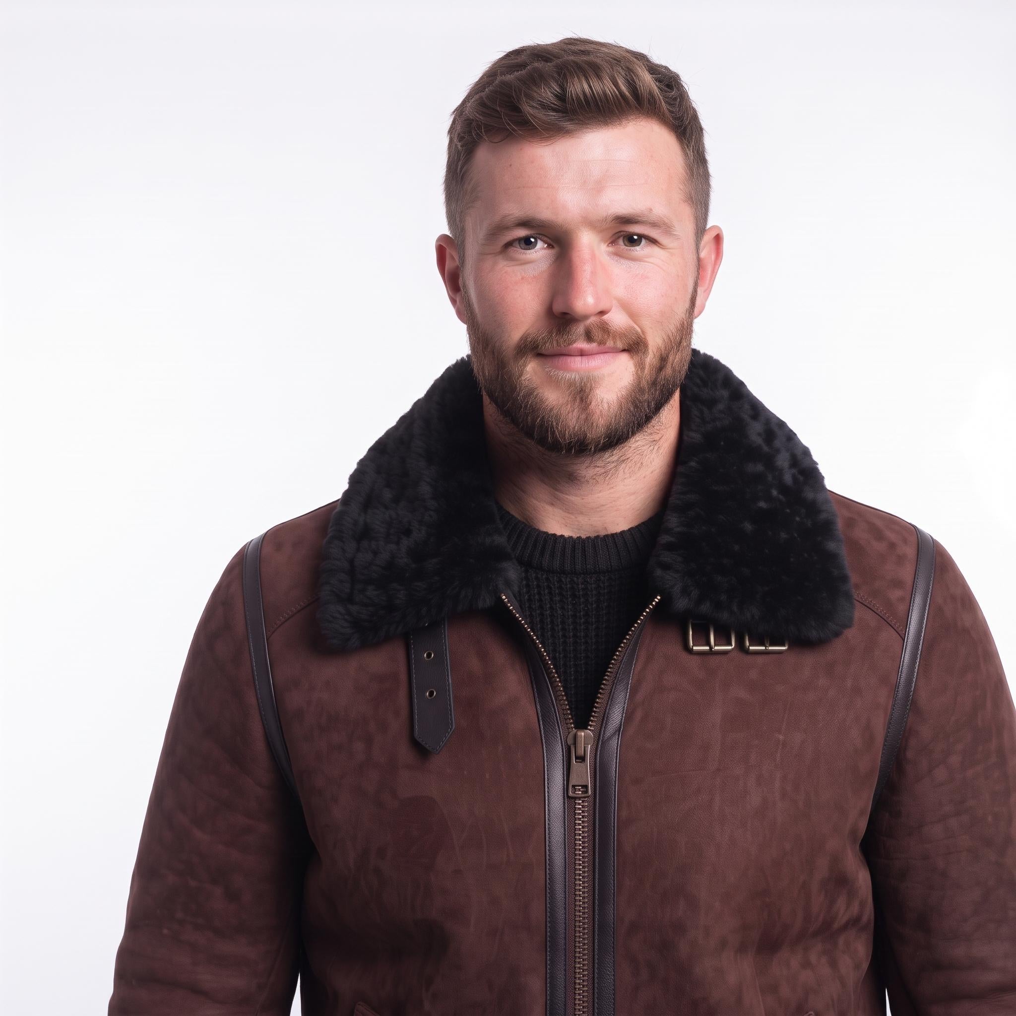 Men's Suede Shearling Aviator Jacket, Brown Leather Trim Biker Style