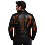 Timber&Hide Men's Patchwork Leather Biker Jacket | Handmade Motorcycle Jacket | Gothic Cross Back Patch | Vintage Cafe Racer Coat | Genuine Leather Jacket