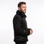 Timber&Hide Black Suede Lamb Shearling Biker Jacket with Buckle Collar – Premium Suede Shearling Jacket