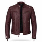 Brown Leather Biker Jacket with Sword Flame Graphic – Moto Punk Streetwear Coat
