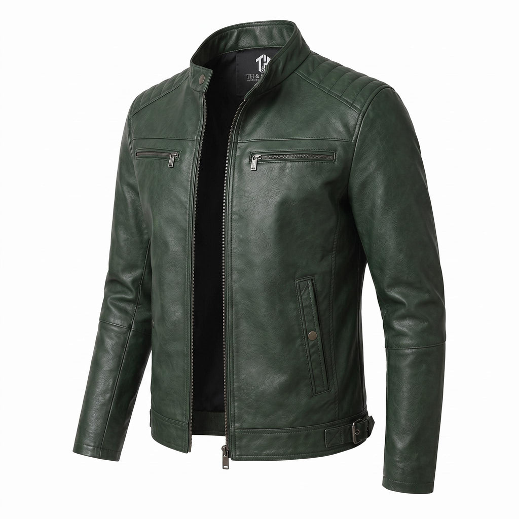 Men's Skull Motorcycle Leather Jacket, Biker Rider Coat, Gothic Punk Streetwear Green