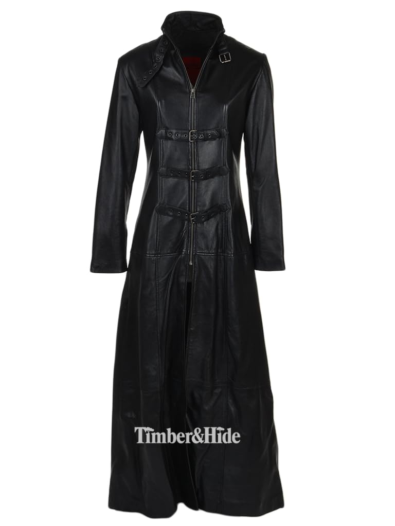 Women's Long Black Leather Trench Coat