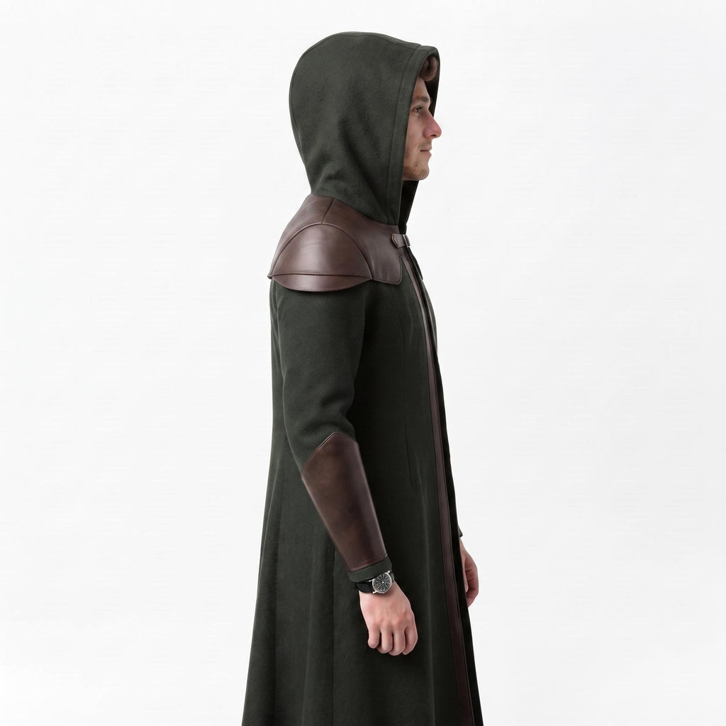 Doctor Doom Inspired Wool Coat with Leather Armor, Hooded Fantasy Cosplay Jacket