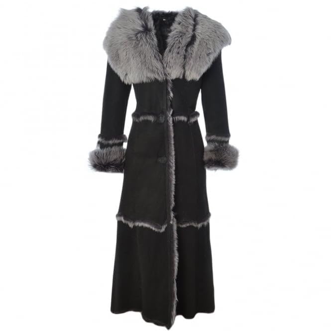 Women’s Premium Full-Length Suede Leather Coat with Full Fur Interior | women long length sheepskin coat brown, Tan and Black