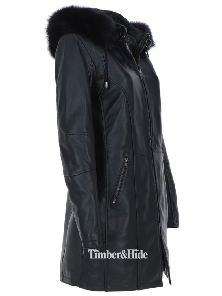 Women's Detachable Fur Hood 3/4 Leather Jacket.