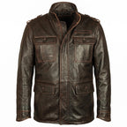 Men's Distressed Brown Leather Field Jacket | Military Utility Coat