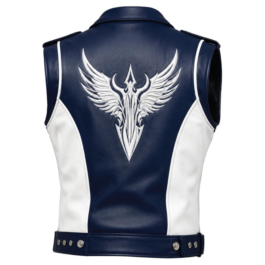 Timber&Hide Men's Blue & White Leather Biker Vest|Phoenix Printed Leather Vest|Custom Motorcycle Vest|Handmade Leather Riding Waistcoat
