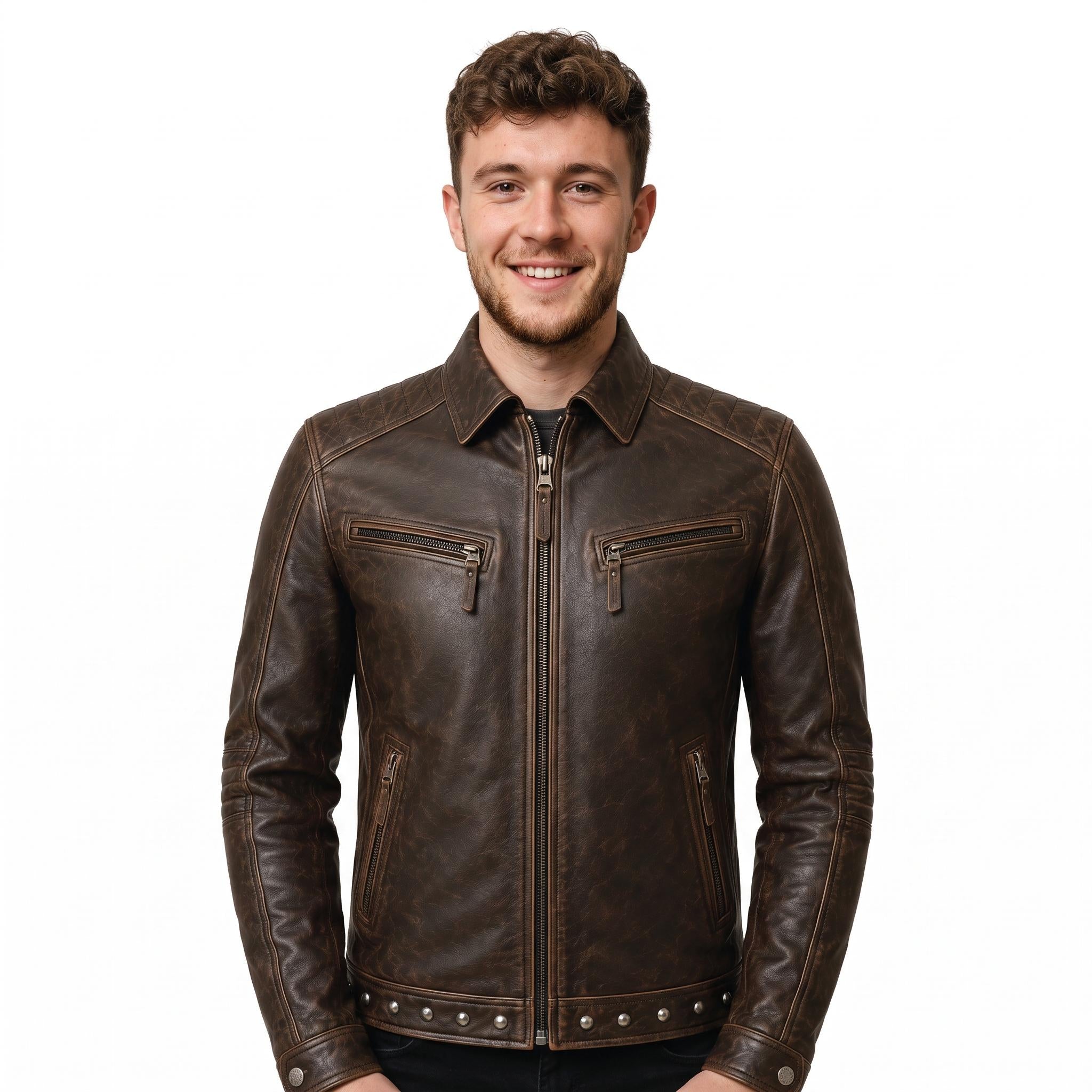 Men's Embossed Leather Motorcycle Jacket, Skull Biker Moto Coat, Gothic Punk Streetwear Gear