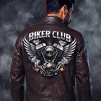Biker Club V-Twin Engine Leather Jacket - Winged Motor Graphic Cafe Racer