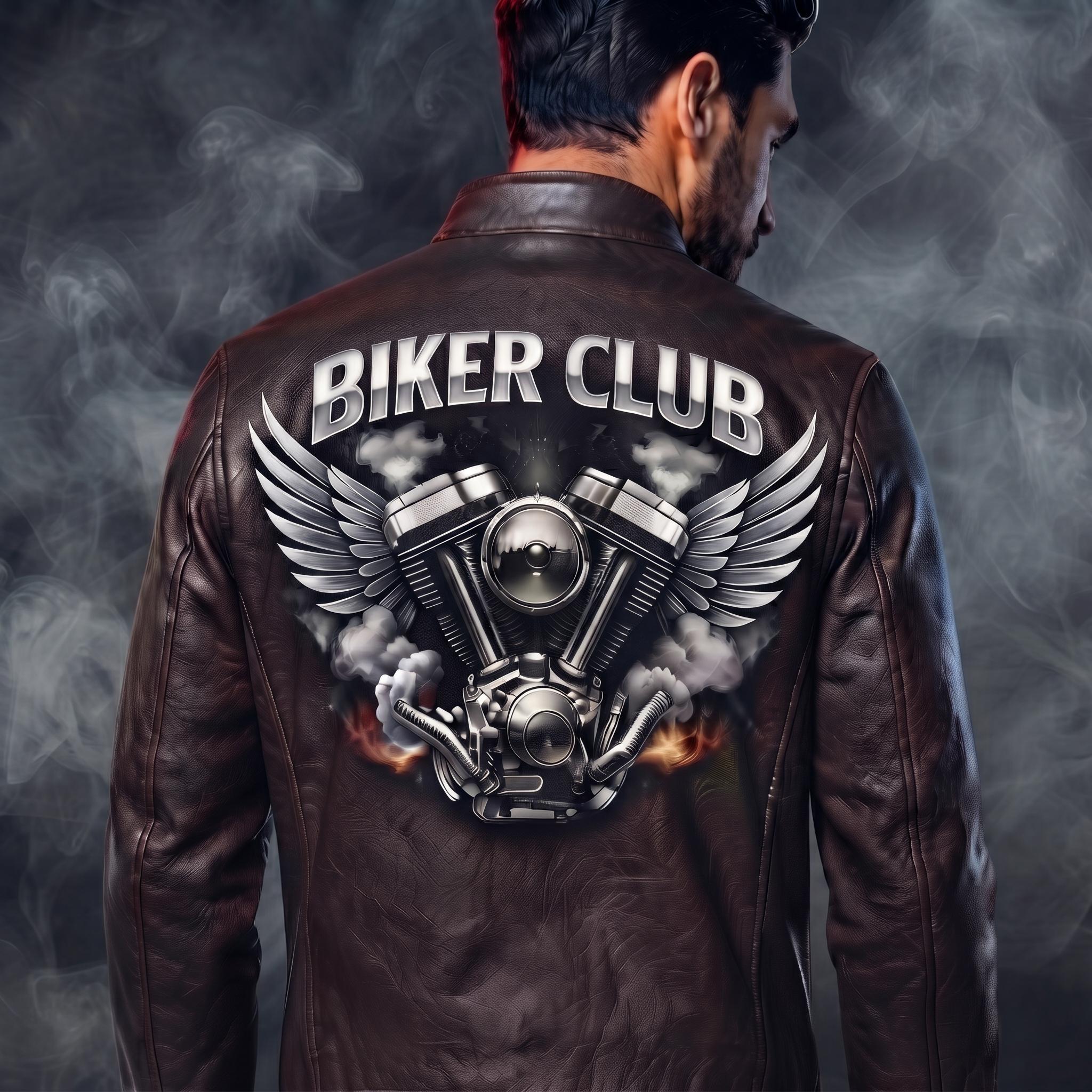 Biker Club V-Twin Engine Leather Jacket - Winged Motor Graphic Cafe Racer