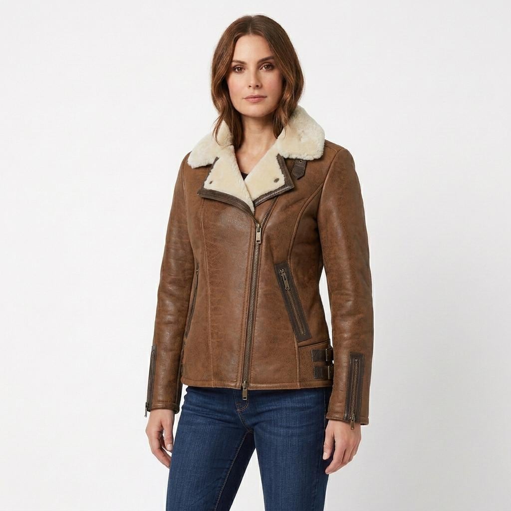 Women's Tan Leather Aviator Jacket, Sheepskin Shearling Bomber Coat, Faux Fur Collar