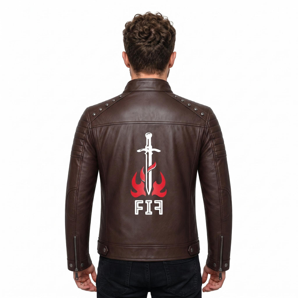 Brown Leather Biker Jacket with Sword Flame Graphic – Moto Punk Streetwear Coat