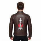 Brown Leather Biker Jacket with Sword Flame Graphic – Moto Punk Streetwear Coat