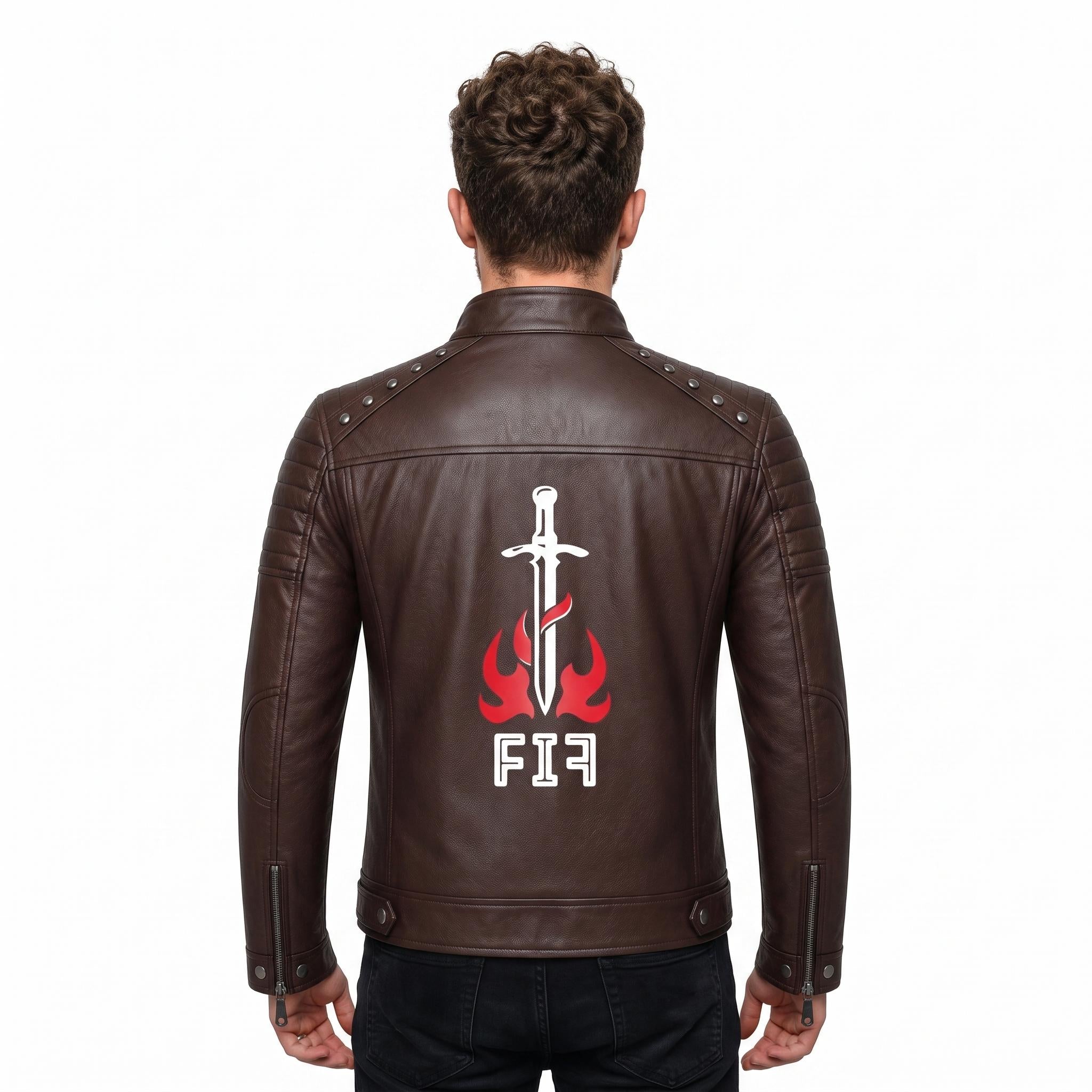 Brown Leather Biker Jacket with Sword Flame Graphic – Moto Punk Streetwear Coat
