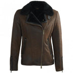 Women's Tan Leather Aviator Jacket, Sheepskin Shearling Bomber Coat, Faux Fur Collar