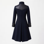 Navy Wool Coat with Leather Trim, Buckle Front, Dark Academia Style Jacket