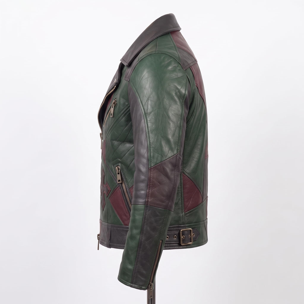 Timber&Hide Men's Leather Biker Moto Jacket | Gothic Cross Design | Embroidered Patch jacket
