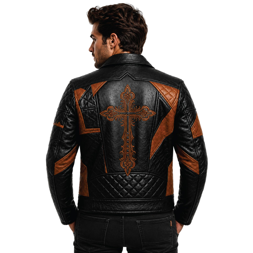 Timber&Hide Men's Patchwork Leather Biker Jacket | Handmade Motorcycle Jacket | Gothic Cross Back Patch | Vintage Cafe Racer Coat | Genuine Leather Jacket