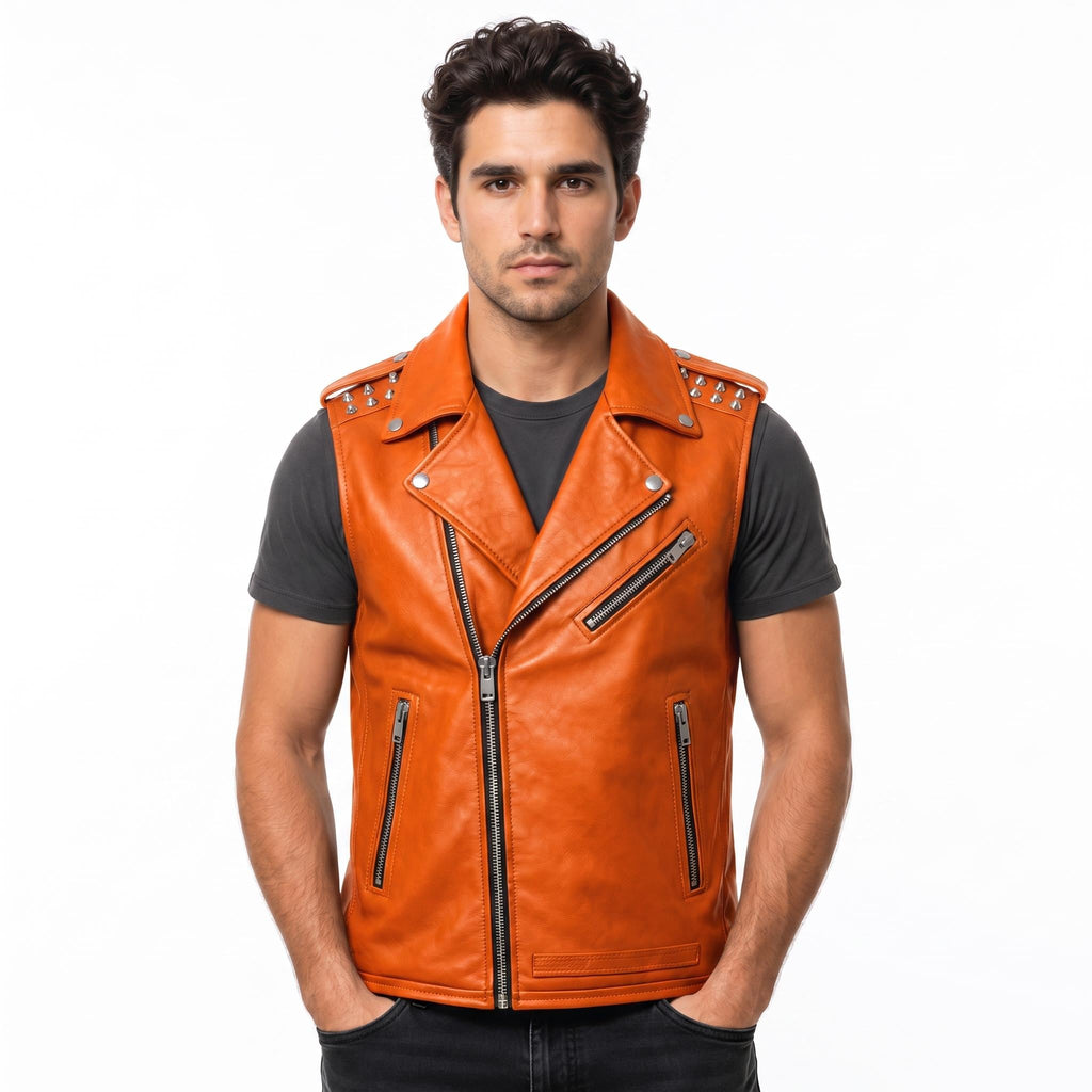 Men's Genuine Leather Biker Vest – Studded Double Rider Motorcycle Jacket