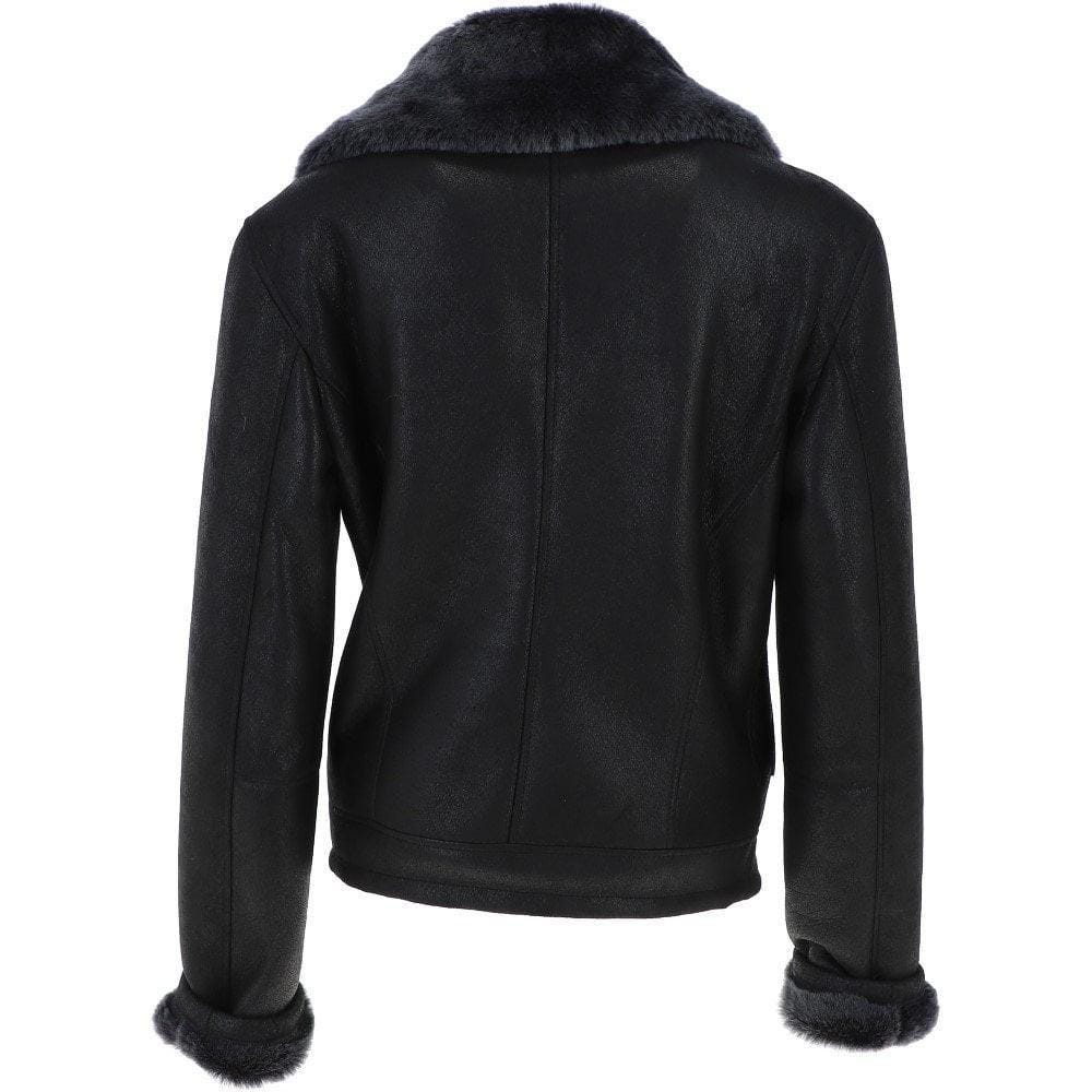 Black Crinkled Leather Aviator Jacket, Plush Shearling Trim Bomber