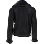 Black Crinkled Leather Aviator Jacket, Plush Shearling Trim Bomber