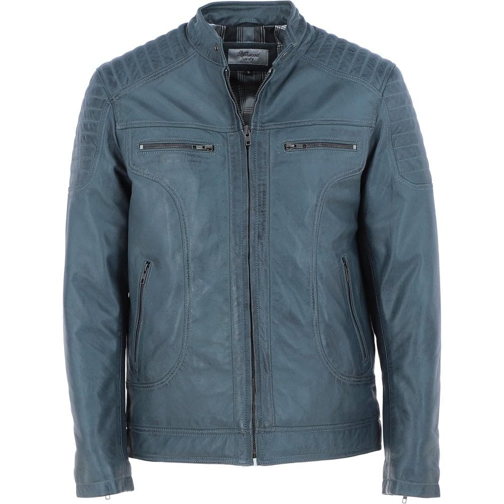 Men's Black Leather Biker Jacket with Zip Front, Multiple Pockets
